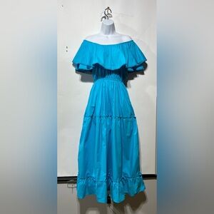 Maude Vivante Emery Aqua Blue Off-Shoulder Maxi Dress 100% Cotton Size Large